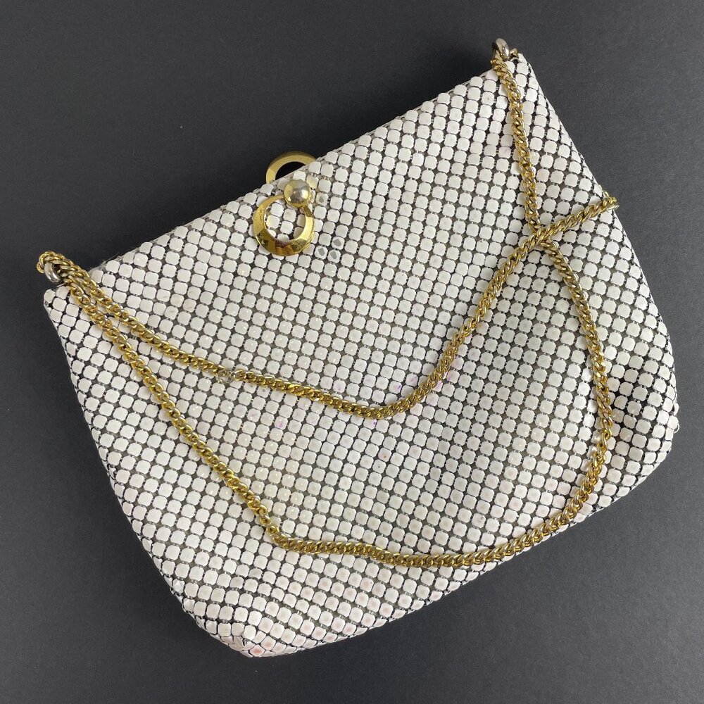 Antique Whiting and Davis Mesh Bag White Purse with Gold Tone Tabs